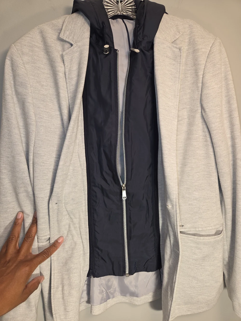 Zara Light Gray Blazer with Navy Hooded Liner
